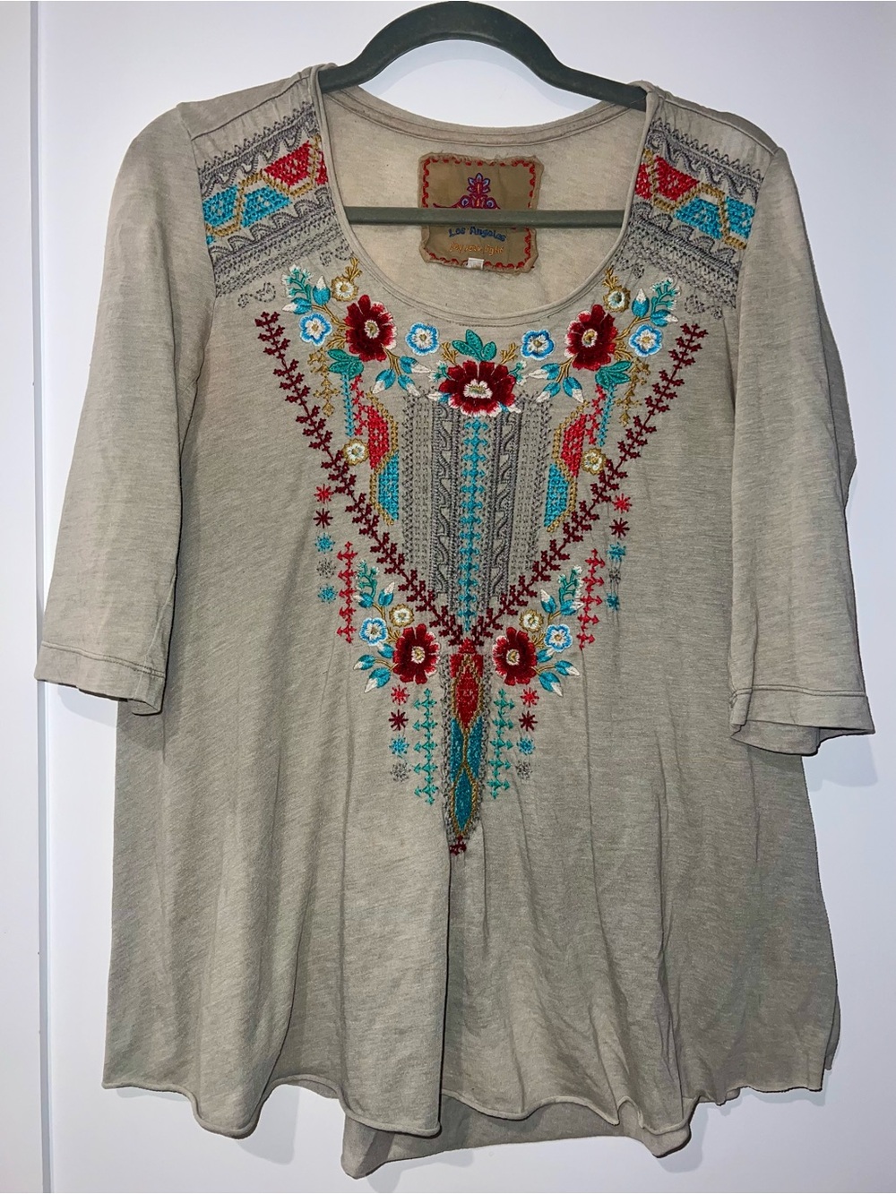 Johnny Was Taupe Floral Embroidered V-Panel Tunic